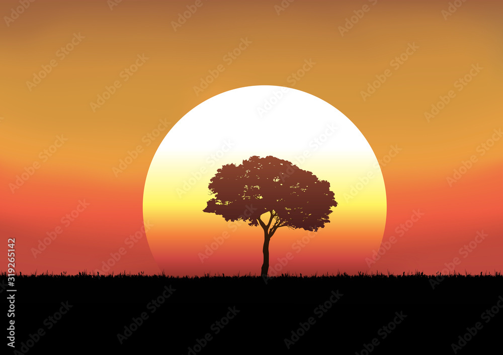 Pendant la saison d’été, le jour se couche sur un paysage de campagne, avec pour unique décor la silhouette d’un arbre en contre jour devant le soleil.