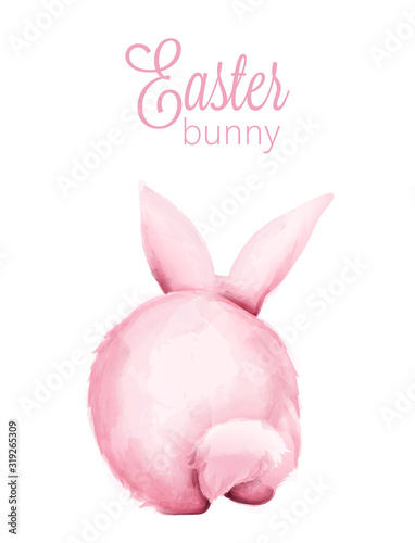 Pink watercolor fluffy easter bunny from behind