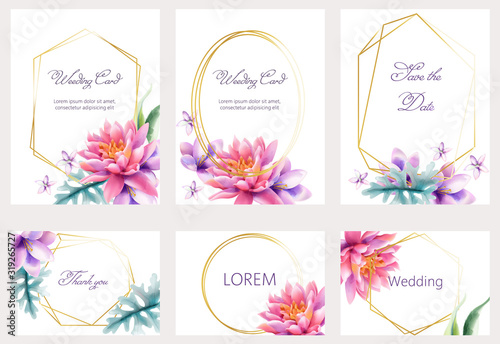 Watercolor wedding cards set with lotus and lily flowers