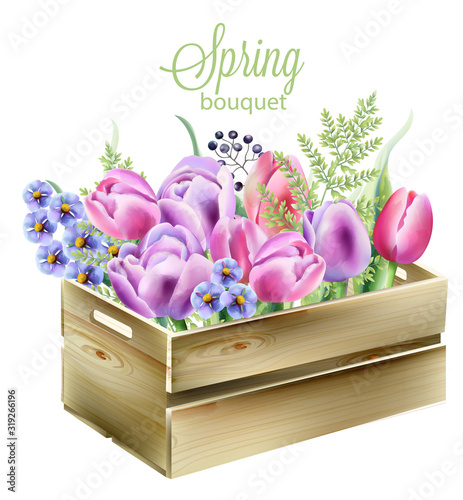 Watercolor spring bouquet in a wooden box. Orchid, bluebells, berries, green ...