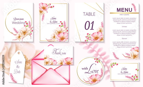 Watercolor spring event invitation cards with pink flowers in blossom