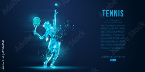 Abstract silhouette of a tennis player man, male, women, girl female from particles, lines, triangles. Tennis ball and tennis racket. Low poly neon wire outline geometric polygonal vector illustration © matrosovv