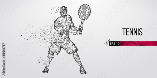 Abstract silhouette of a tennis player man, male, women, girl female from particles, lines, triangles. Tennis ball and tennis racket. Low poly neon wire outline geometric polygonal vector illustration
