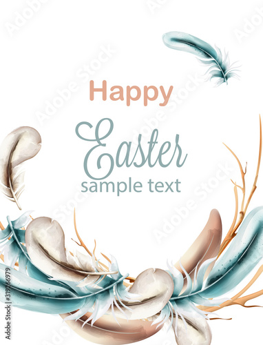 Happy easter watercolor composition with blue colored feathers on wreath