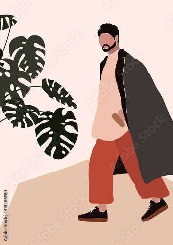 Abstract modern bearded man in fashion trendy clothes walking on street. Trendy art minimal background poster wall art print. Vector illustration in hand drawn flat style