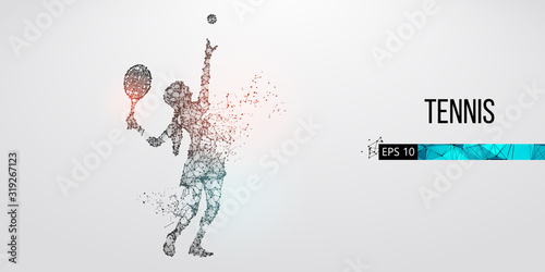 Abstract silhouette of a tennis player man, male, women, girl female from particles, lines, triangles. Tennis ball and tennis racket. Low poly neon wire outline geometric polygonal vector illustration