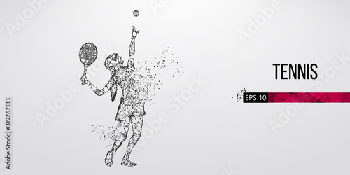 Abstract silhouette of a tennis player man  male  women  girl female from particles  lines  triangles. Tennis ball and tennis racket. Low poly neon wire outline geometric polygonal vector illustration