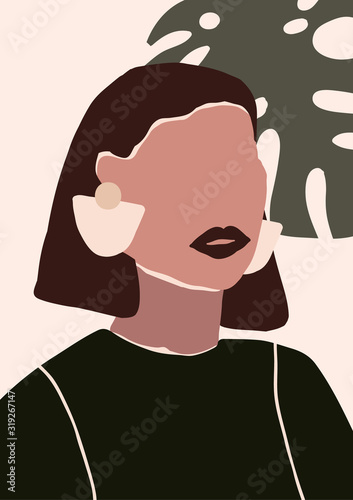 Abstract modern young woman with earrings portrait silhouette. Fashion minimal trendy people face in paper cut mosaic flat style. Trendy art minimal poster print. Vector hand drawn illustration