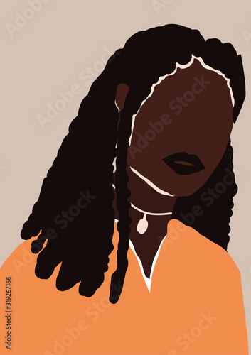 Abstract modern young african american black woman portrait silhouette. Fashion minimal trendy people face in paper cut mosaic flat style. Trendy minimal poster print. Vector hand drawn illustration