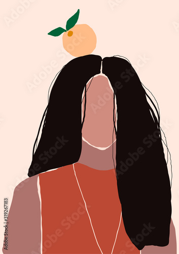 Abstract modern young woman with long hair portrait silhouette. Fashion minimal trendy people face in paper cut mosaic flat style. Trendy art minimal poster print. Vector hand drawn illustration