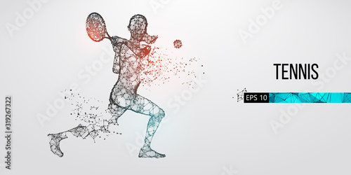 Abstract silhouette of a tennis player man, male, women, girl female from particles, lines, triangles. Tennis ball and tennis racket. Low poly neon wire outline geometric polygonal vector illustration