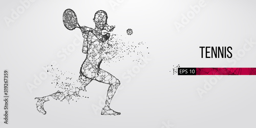 Abstract silhouette of a tennis player man, male, women, girl female from particles, lines, triangles. Tennis ball and tennis racket. Low poly neon wire outline geometric polygonal vector illustration