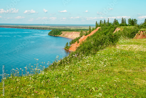 Andoma Cape with Andoma Hill at Onega Lake, Vologda region, Russia. Natural background view