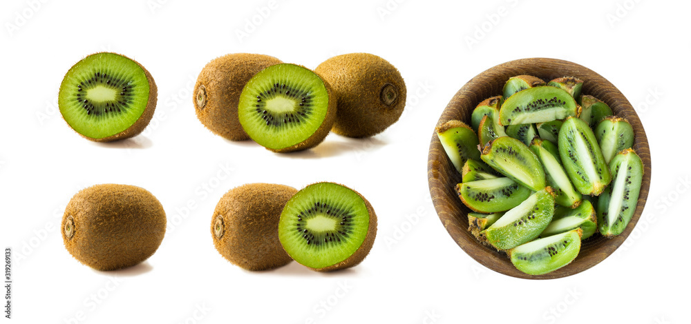 Kiwi fruit and slice isolated on white background. Tropical fruits on white. Kiwi with copy space for text. Fruits from different angles on white. Set of kiwi fruits. Kiwi fruit and slice isolated on white background. Tropical fruits on white. Kiwi with copy space for text. Fruits from different angles on white. Set of kiwi fruits.