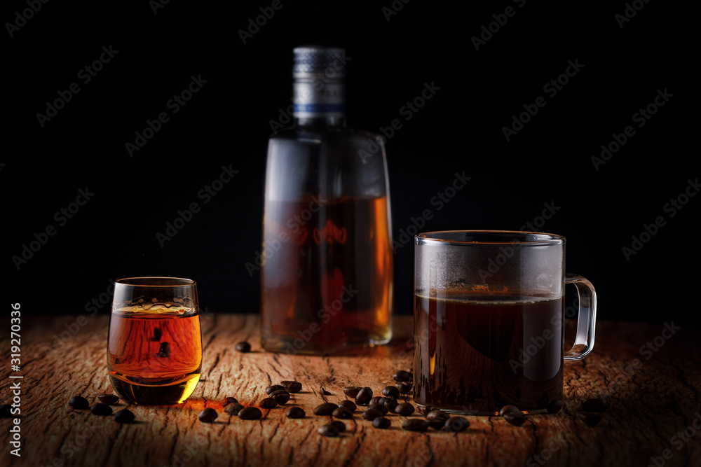 Carajillo, traditional Spanish coffee with brandy, whiskey, cognac or