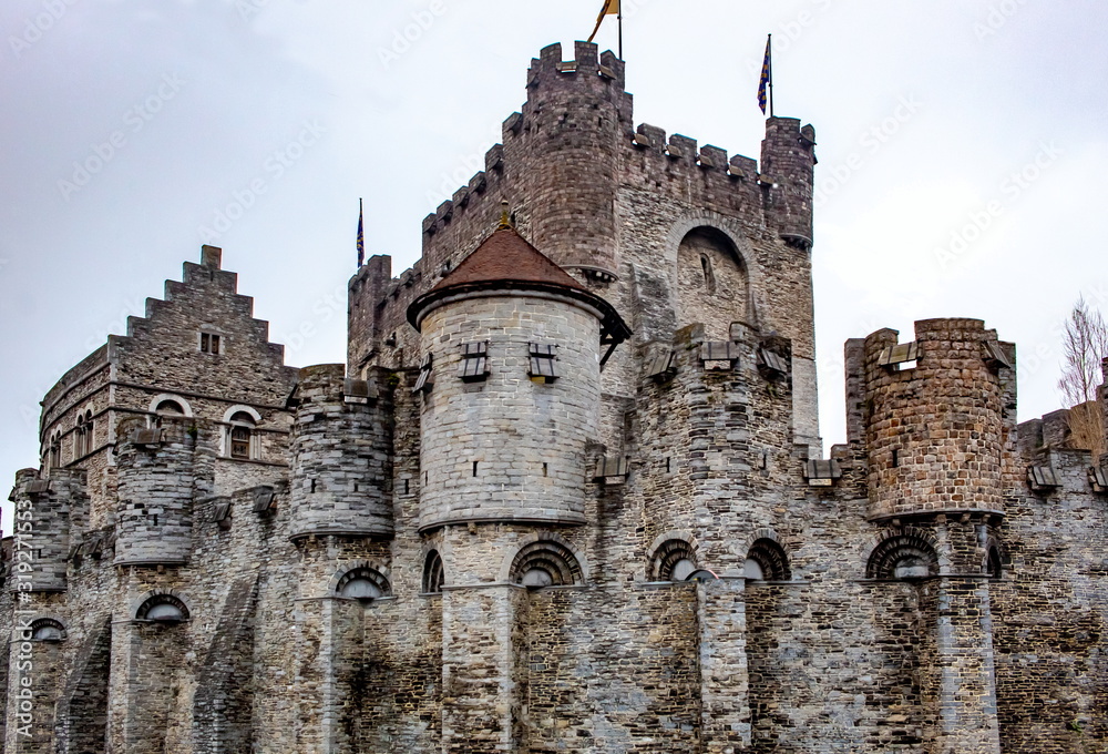 Gravensteen medieval castle stone architecture in Ghent Gent Belgium