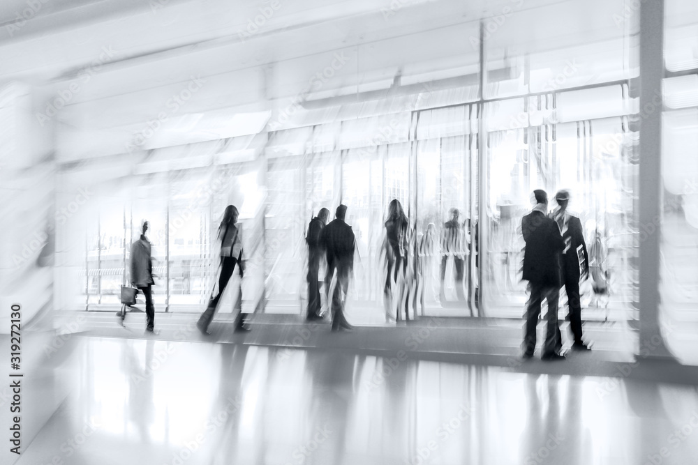 group of people in the lobby business center in monochrome blue tonality group of people in the lobby business center in monochrome blue tonality