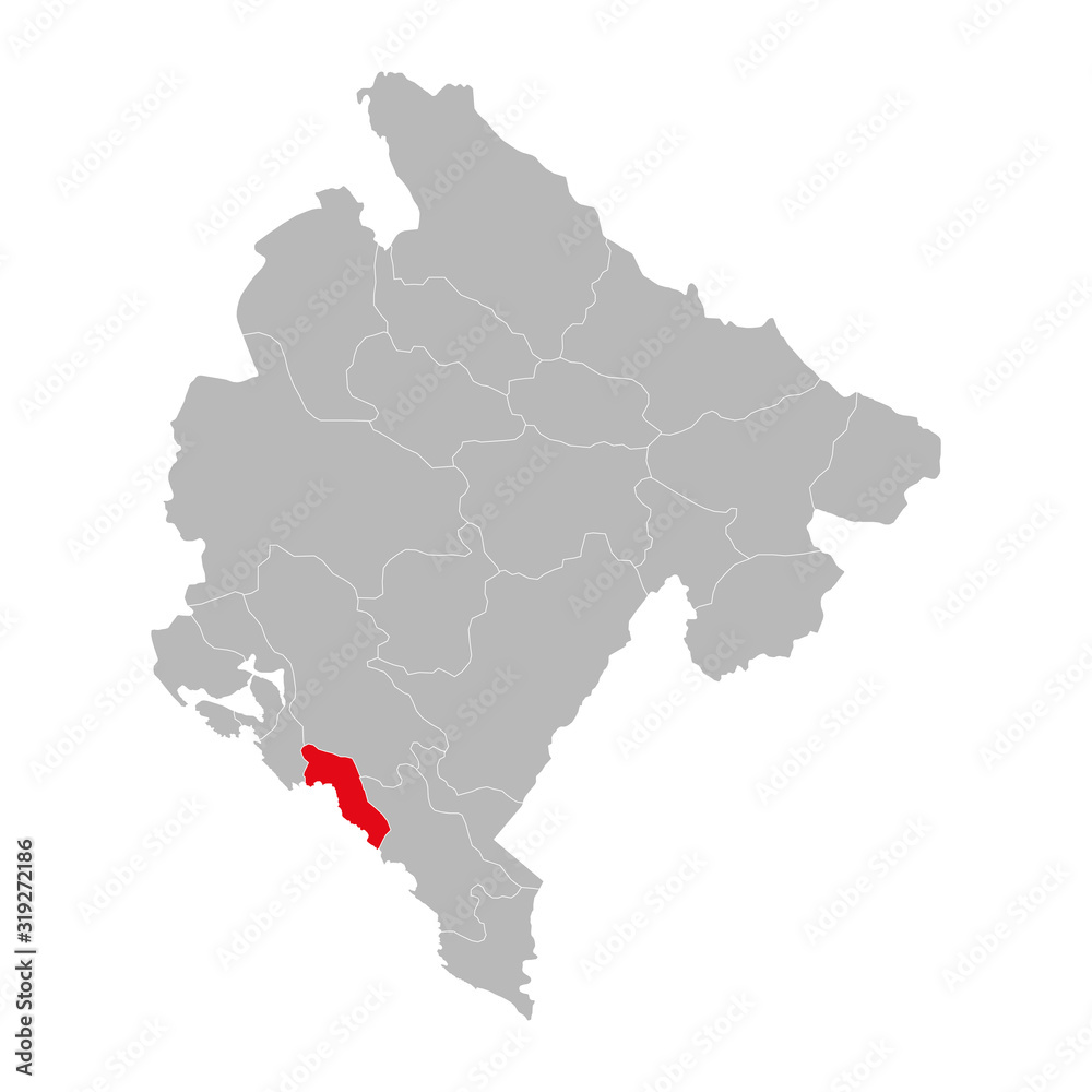 Budva province highlighted on montenegro map. Gray background.