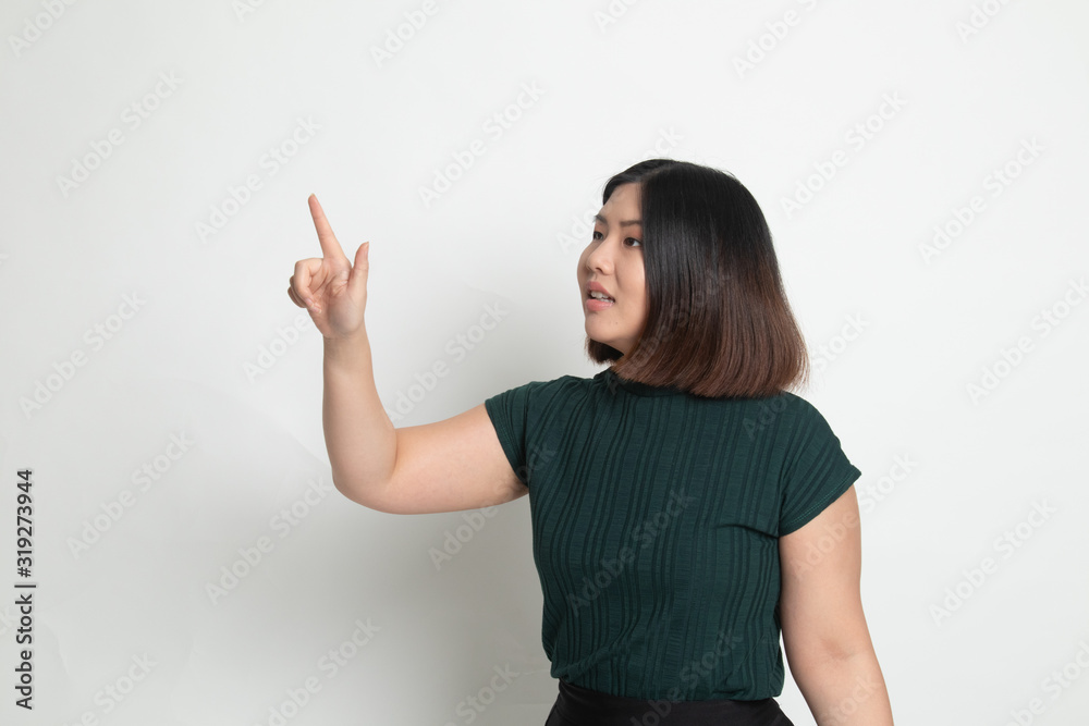 Asian woman touching the screen with finger Asian woman touching the screen with finger