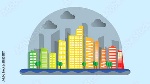 Urban landscape with high skyscrapers . Big green modern district in a polluted city  , flat design . vector image .