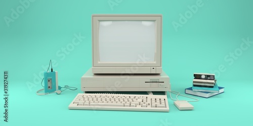 Retro computer, audio player and photo camera on blue pastel background 3d render