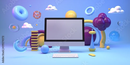 Mock up composition with computer and geometry figures 3d render photo