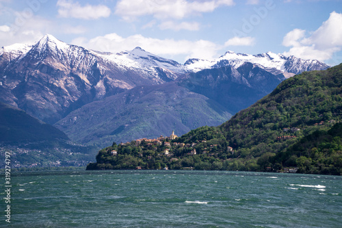 Lake, village and mountains