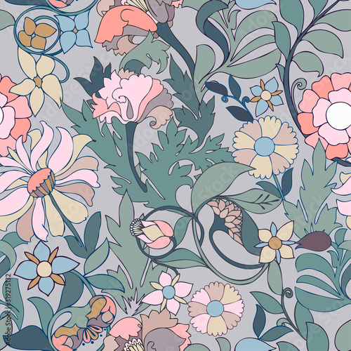 Modern seamless vector botanical colourful pattern with garden flowers in nouveau renaissance style. Can be used for printing on paper, stickers, badges, bijouterie, cards, textiles. 