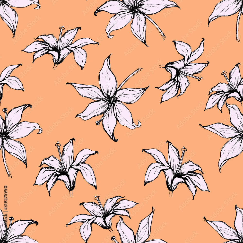 Seamless floral pattern with hand-drawn lilies, monochrome and pink. Endless texture for your design, romantic greeting cards, ads, fabrics.