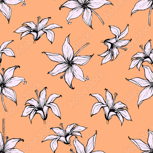Seamless floral pattern with hand-drawn lilies, monochrome and pink. Endless texture for your design, romantic greeting cards, ads, fabrics.