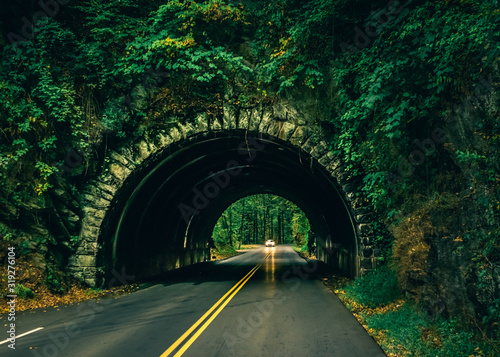 Roadway and Tunnel in the Mountains with Car Approaching
