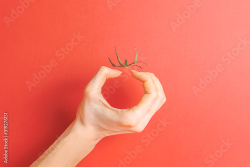 Invisible tomato. Creative concept. Illusion. Red background. photo