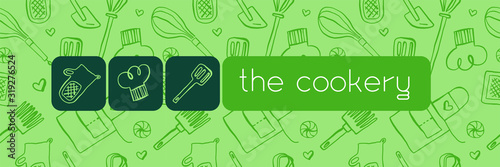 Cooking banners with hand drawing linear illustrations for restaurant. Cooking courses banner. Cooking utensils vector. Vector templates for bakery shop background.
