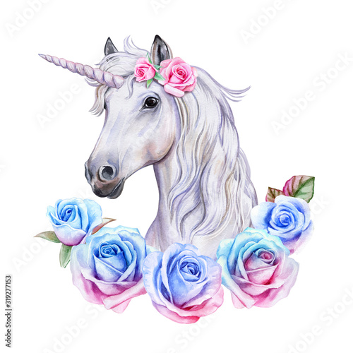 White unicorn, horse with pink and blue roses, floral frame isolated on white background. Cute watercolor clipart. Trendy cartoon. Template. Close-up. Clip art. Hand drawn. Template. Hand painted
