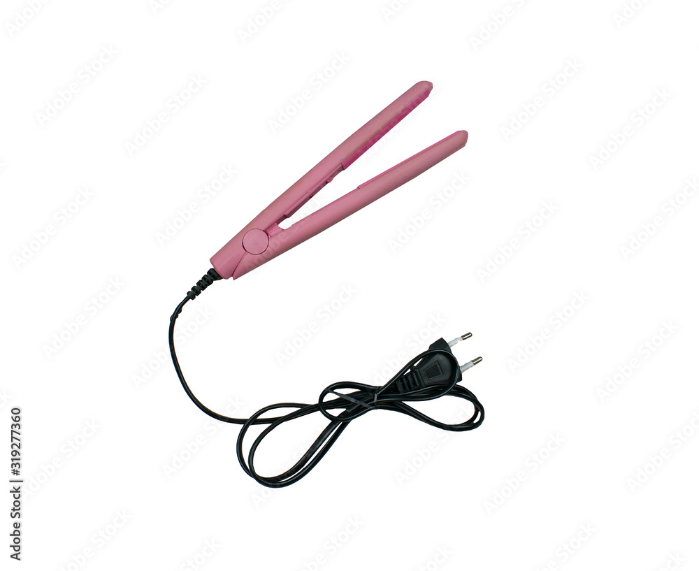 Obraz premium Ceramic hot electric tool for curls. Isolated hair pleat plating on white background. A hair volume beauty tool at the roots. Professional hair styler tool. Modern flatiron.