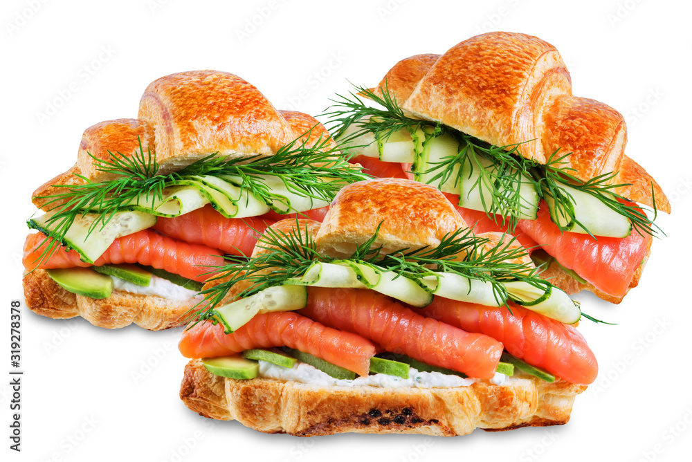 Smoked salmon ricotta cheese cucumber avocado croissant on a white isolated background Smoked salmon ricotta cheese cucumber avocado croissant on a white isolated background