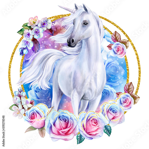 Dekoracja na wymiar  white-fairytale-unicorn-with-blue-and-pink-roses-in-a-gold-frame-in-a-ring-horse-in-flower-wreath-or-ornament-isolated-on-a-white-background