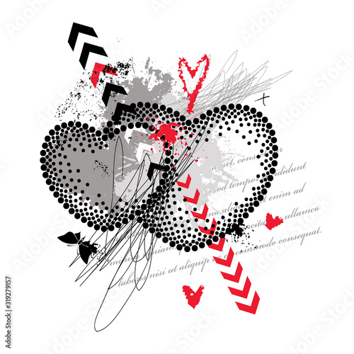 Dotted Valentine two heart with arrows, strokes and butterflies in black and red isolated on white background. 