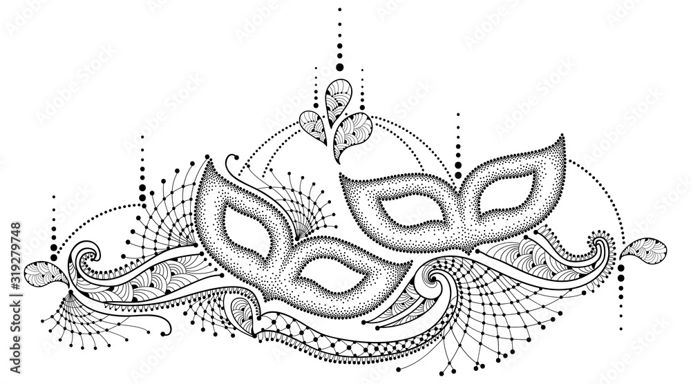 Dotted Mardi Gras carnival mask and outline decorative lace in black isolated on white background.