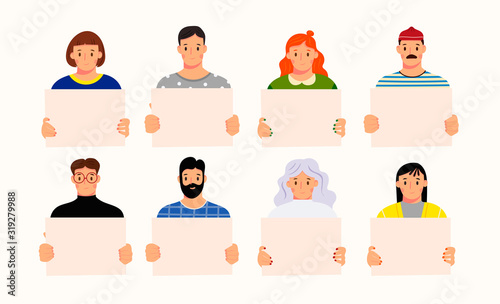 Your text here. Various men and women holding an empty board. Template sign. Different race, age, clothes, various haircuts. Hand drawn vector set. Trendy illustration. All elements are isolated