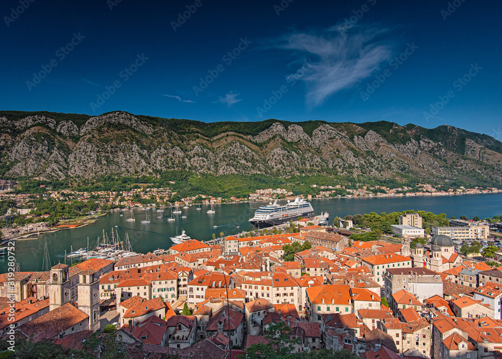 View on Kotor Bay with the medieval castle and with ships