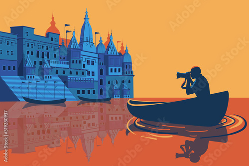 Cityscape of sunset Varanasi Uttar Pradesh, India, Ganges river. Vector Illustration