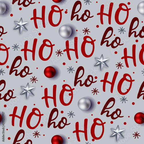 Hohoho patterns, Santa Claus is laughing. Seamless texture for christmas design. Vector white, light gray background red handwritten words ho.