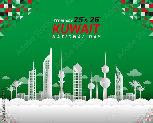 Kuwait National Day celebration on 25 & 26 February vector. Kuwait city skyline and colorful abstract pattern with sample text. Template for banner, poster, flyer or invitation card.