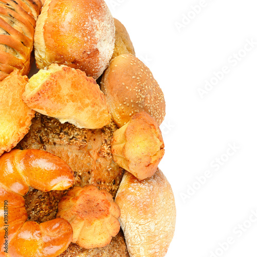 Collection breads and buns isolated on a white background. Free space for text.
