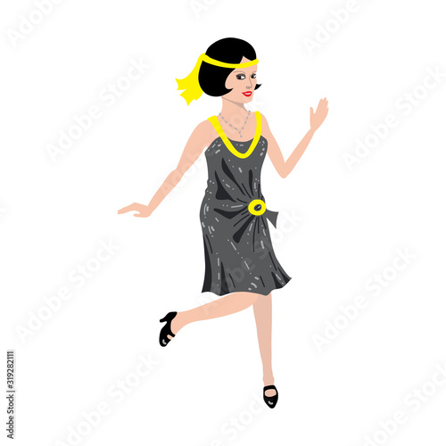Vector Illustration of girl in the style of the 1920s in charleston dance pose. Beautiful brunette young european lady.  Realistic woman in flat style on a white background