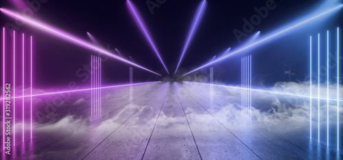 Neon Spotlights Smoke Fog Glowing Purple Pantone Blue Cyber Retro Modern Catwalk Studio Stage Podium Tunnel Corridor Empty Concrete Cement Dark 3D Rendering