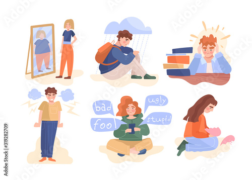 Set of six teenagers showing forms of stress, obsession, anger and depression on white, colored vector illustrations