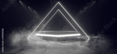 Smoke Fog Dark Showcase Neon Triangle White Studio Laser Glowing Stage Podium Empty Sci Fi Futuristic Modern Cyber Virtual Vibrant Garage Room 3D Rendering