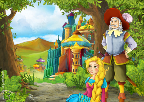 Cartoon nature scene with beautiful castle with prince and princess